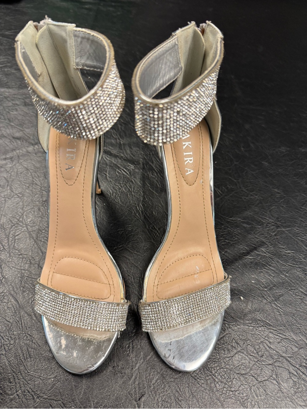 AKIRA Silver Rhinestone Ankle Strap Heels